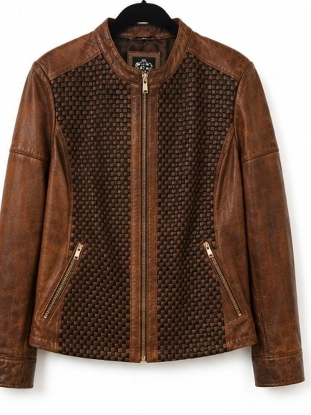 Real Leather- Women's Brown & Black Woven-Panel Leather Jacket - Classic Style